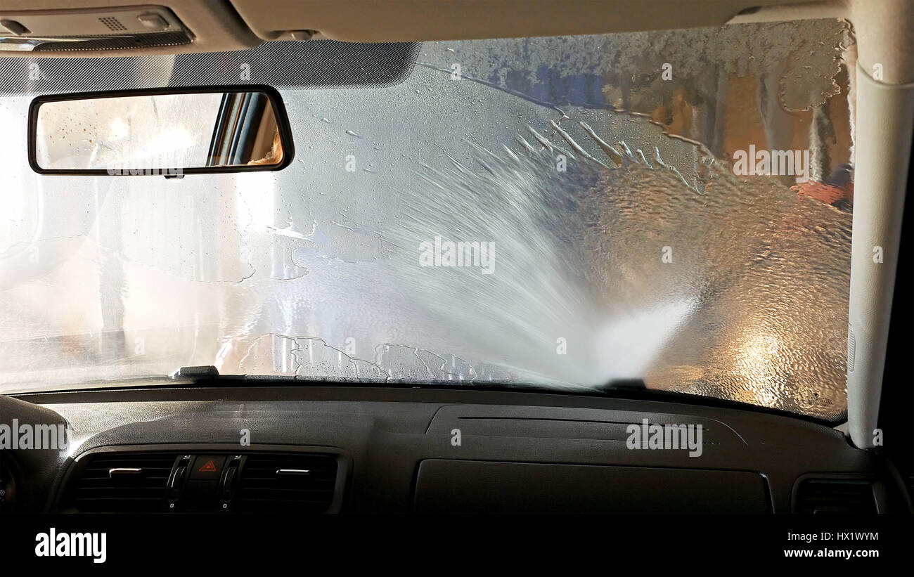 Automatic tunnel car wash. View from inside. Stock Photo