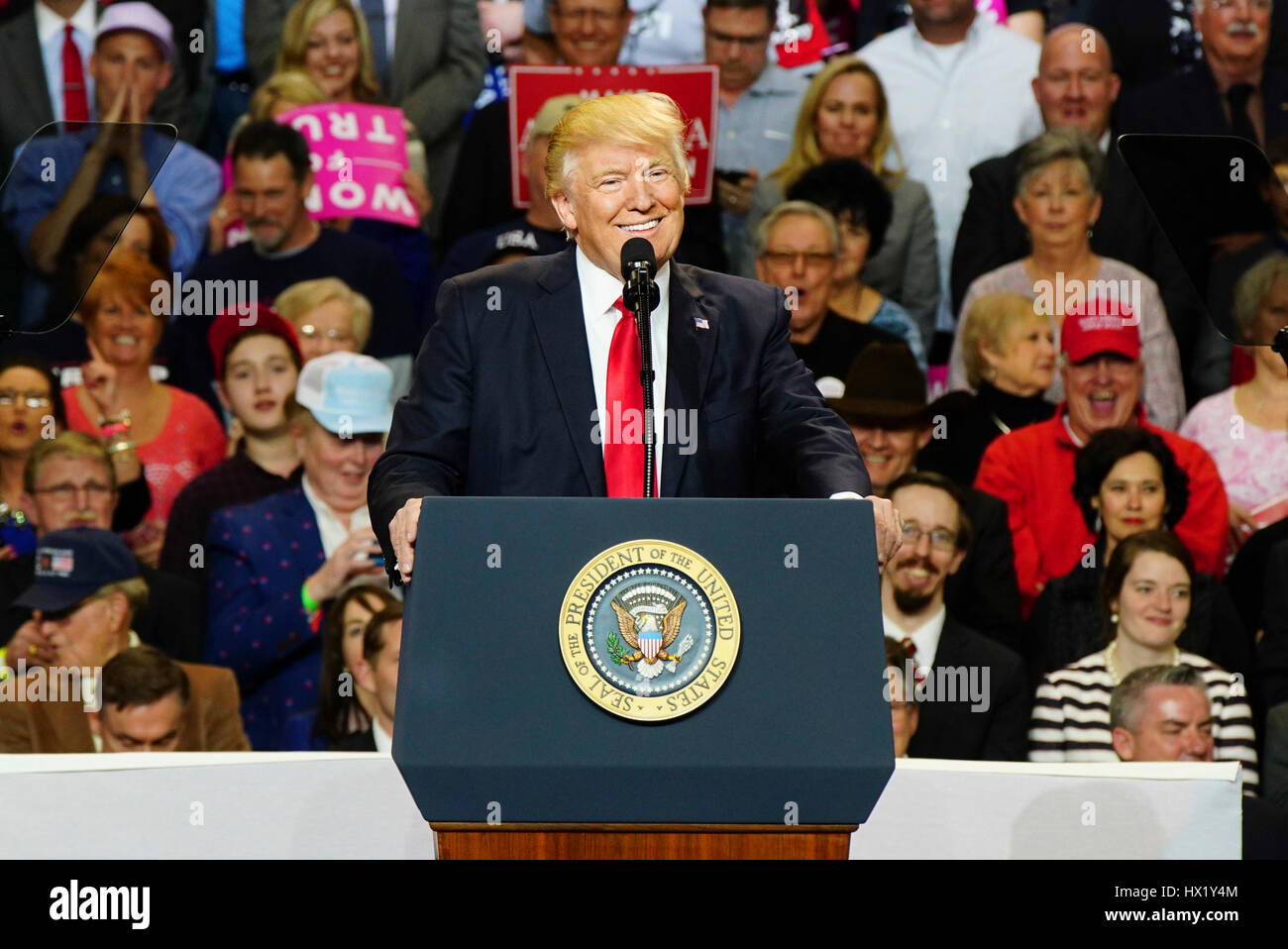 President Donald J Trump speaking during a rally at Louisville Exposition Center on  March 20, 2017 in Louisville, Kentucky. Stock Photo