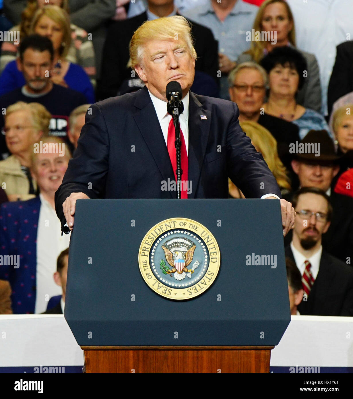 President Donald J Trump speaking during a rally at Louisville Exposition Center on  March 20, 2017 in Louisville, Kentucky. Stock Photo