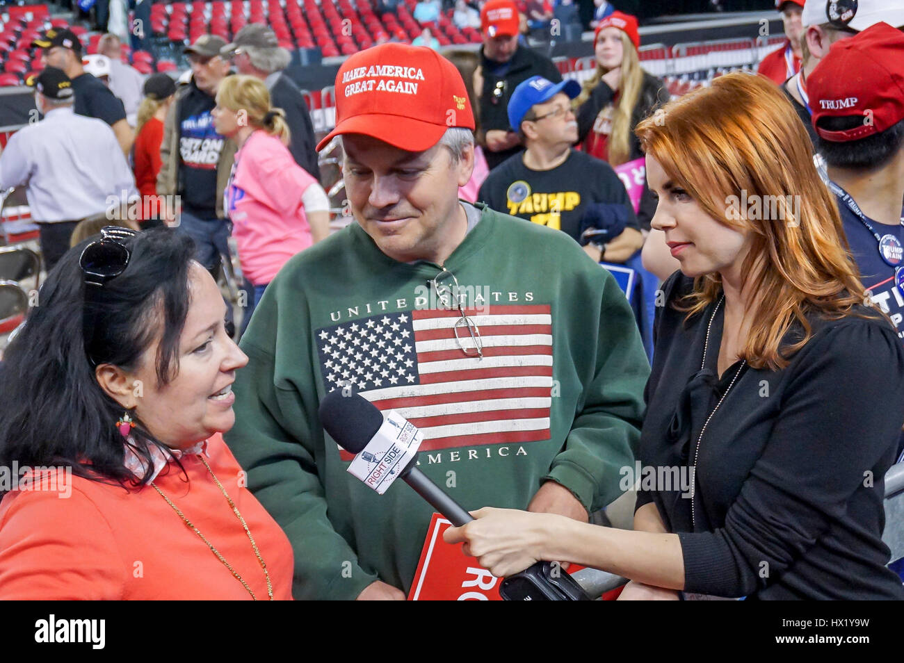 Margaret Howell is a reporter with The Right Side Broadcasting Network interviewing the President Donald J Trump Rally at Louisville Exposition Center on  March 20, 2017 in Louisville, Kentucky. Stock Photo