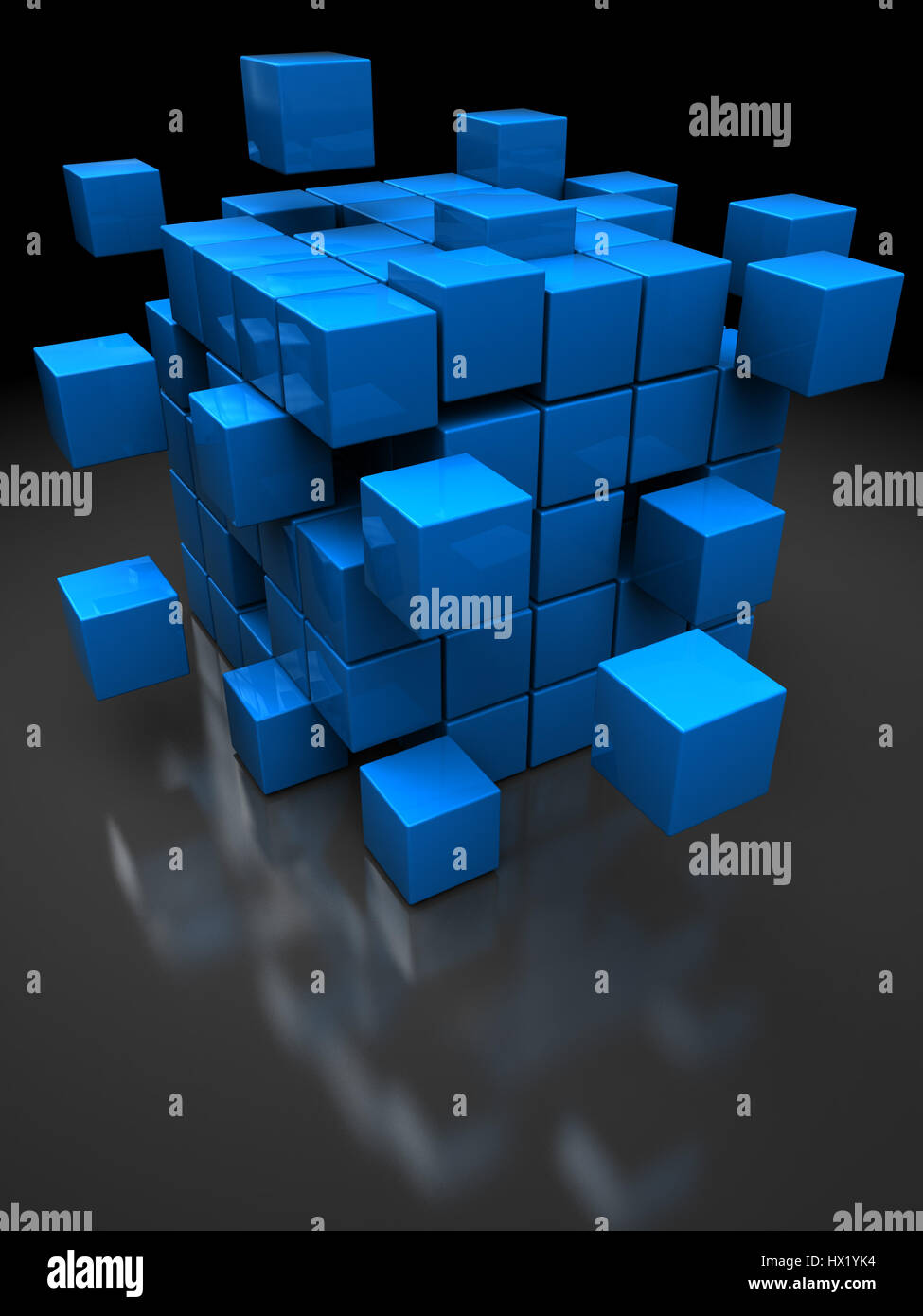 3d illustration of box building from blocks, over dark background Stock Photo