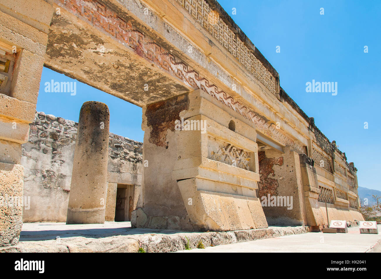 Column and geometric mosaics in the palace and church of Mitla, Oaxaca, Mexiko Stock Photo
