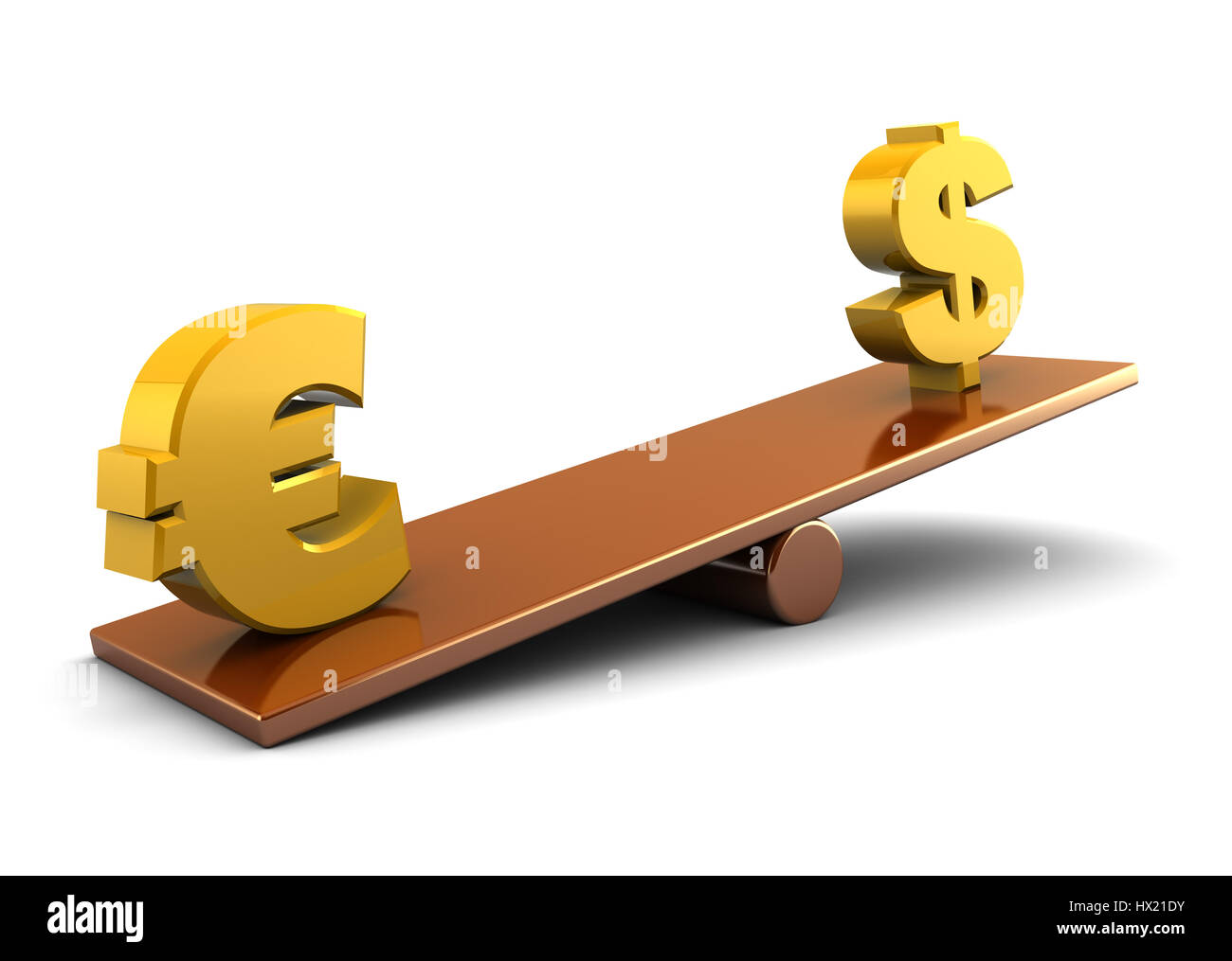 3d illustration of euro and dollar on scale board, over white background Stock Photo