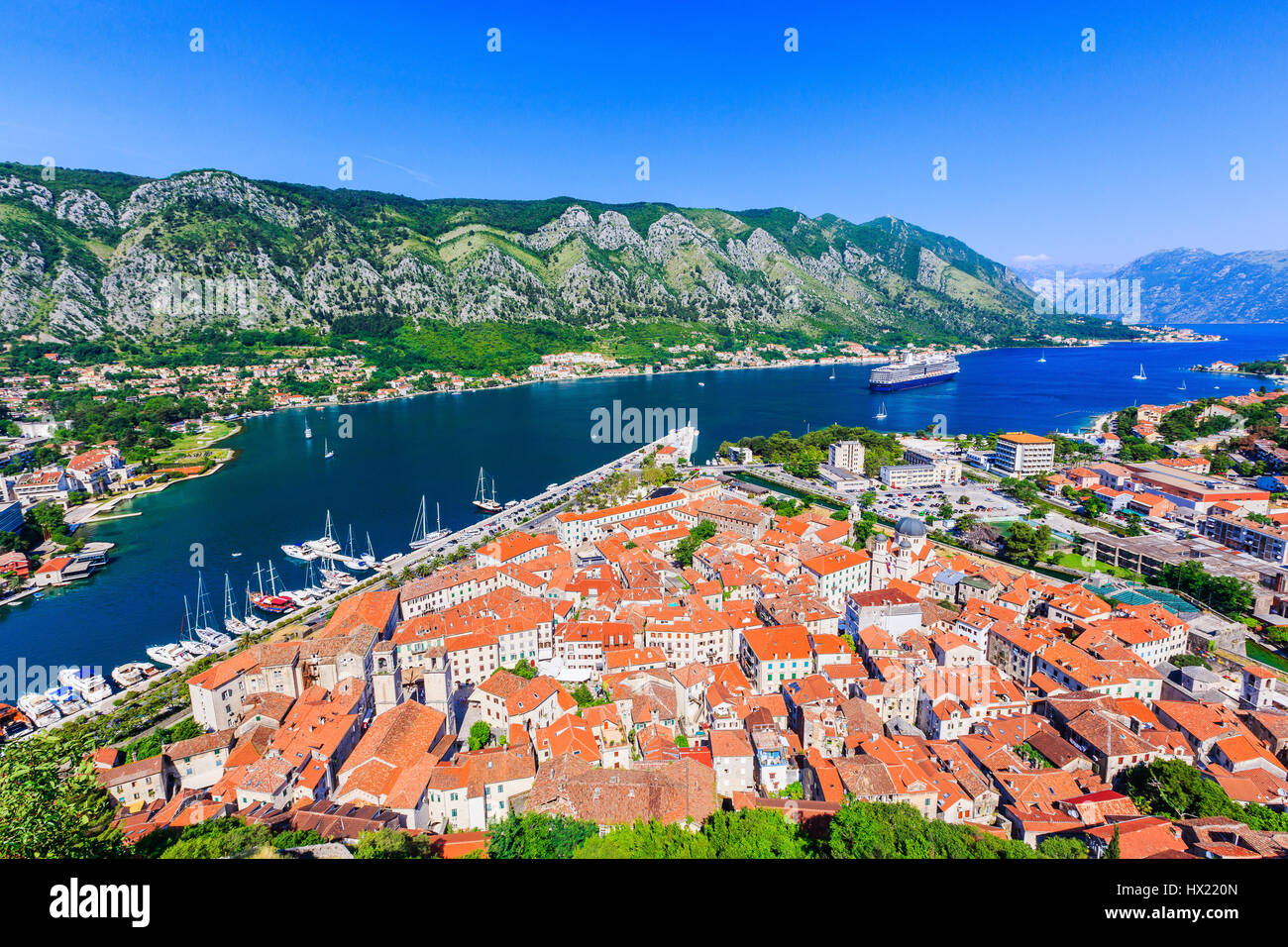 Kotor, Montenegro. View of Bay of Kotor old town from Lovcen mountain. Stock Photo