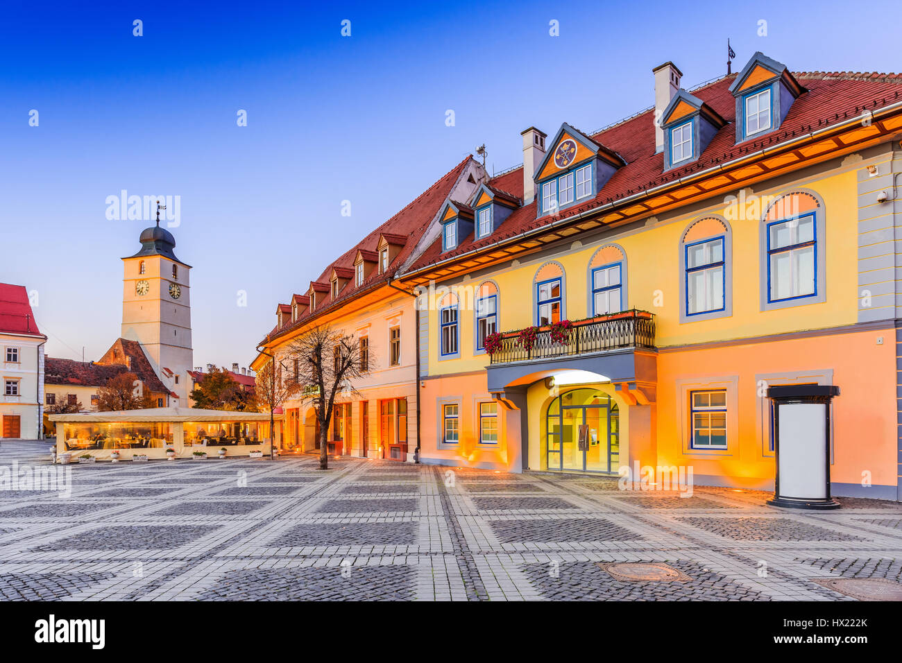 Sibiu, Romania. Council Tower at Piata Mare (Large Square), Transylvania. Stock Photo