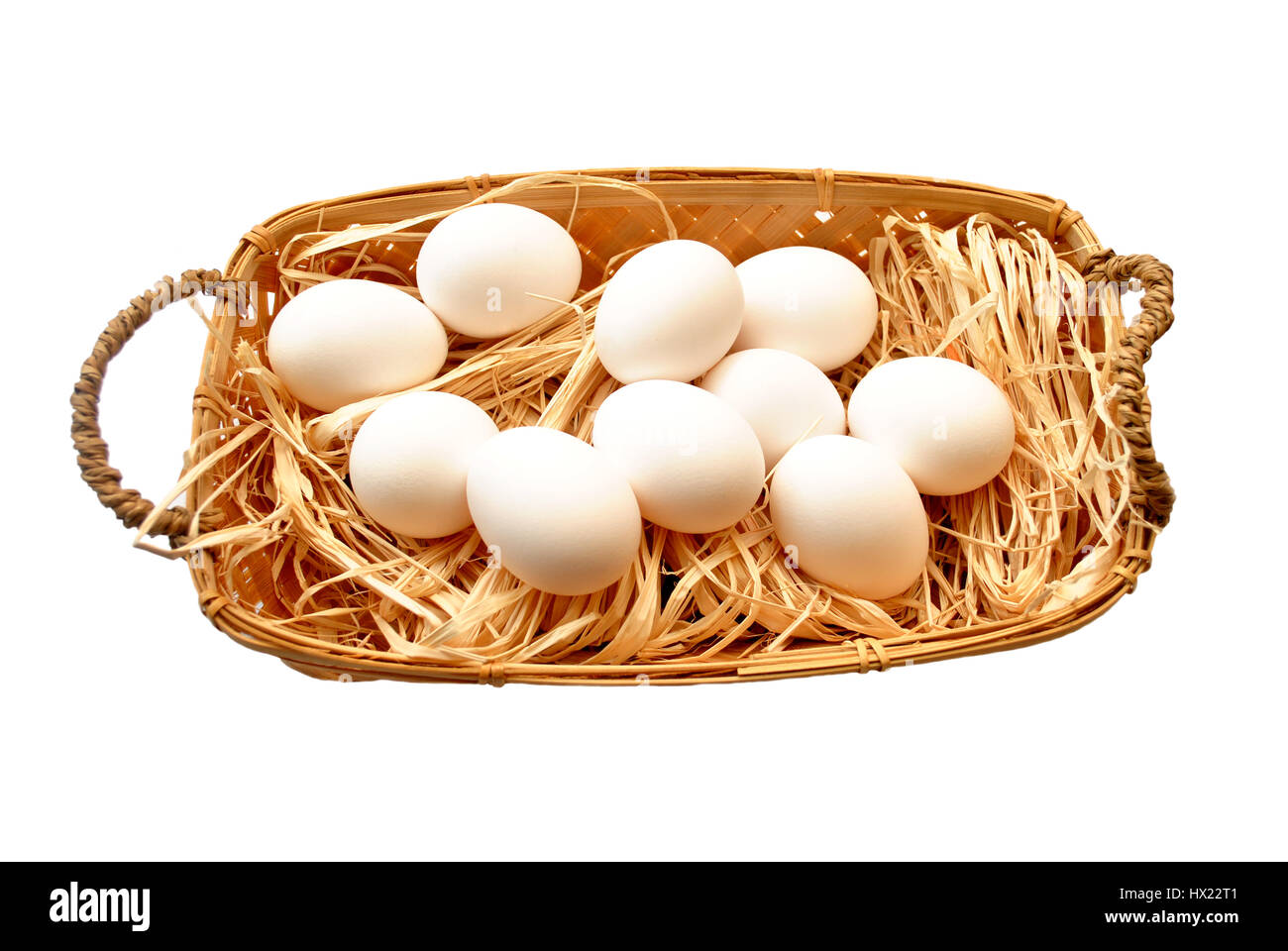 Fresh Hen Eggs in a Basket Isolated Over White Stock Photo Alamy