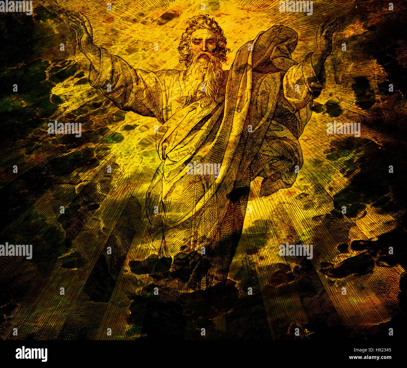 God creator creating the world, graphic collage from engraving of