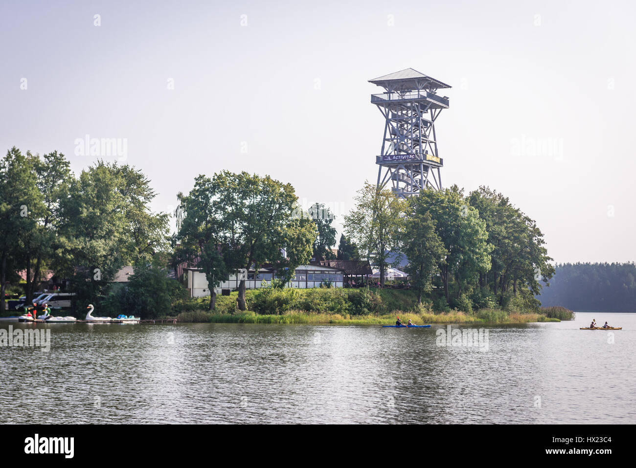 Observation tower for tourists over Jelenie Lake (Deer Lake) in Wdzydze Kiszewskie village of Koscierzyna commune, Kashubia region of Poland Stock Photo