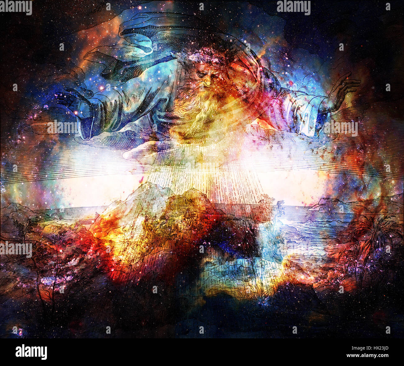 God creator creating the water and earth, graphic collage from engraving of  Nazareene School, published in The Holy Bible, St.Vojtech Publishing,  Trnava, Slovakia, 1937 Stock Photo - Alamy, image size:1300x1177