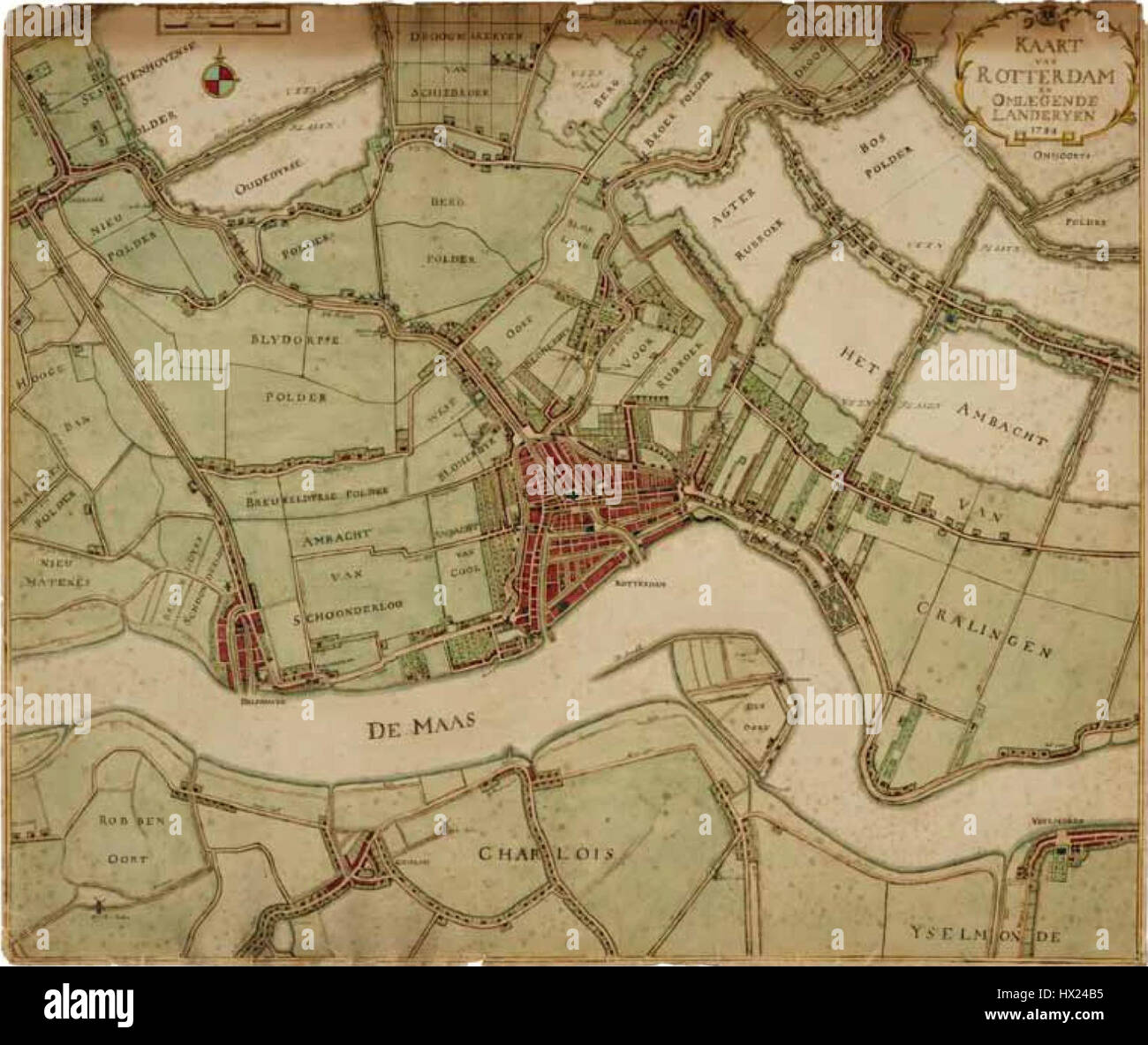 Kaart van Rotterdam en omliggende landerijen, 18e eeuw Stock Photo