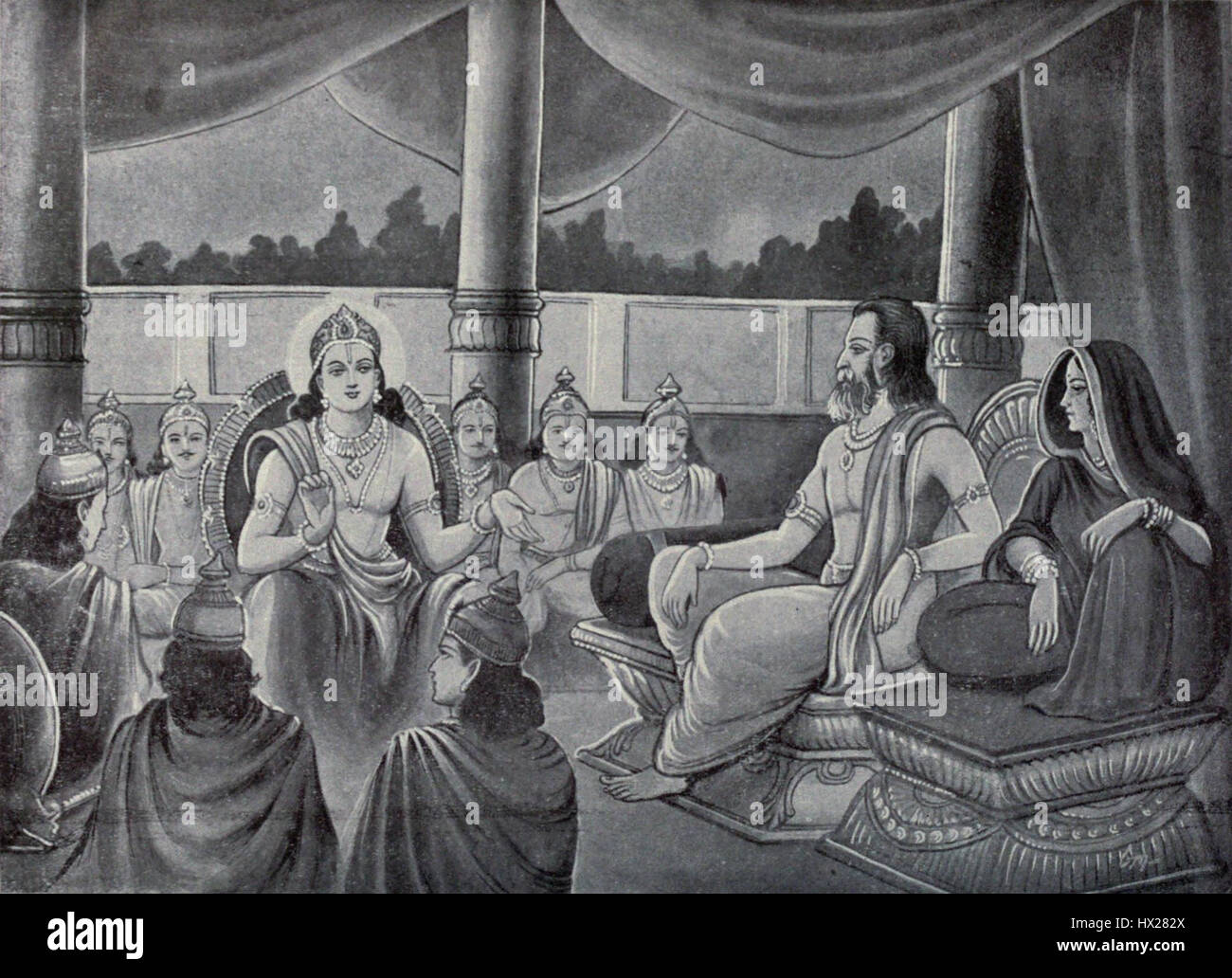 Krishna narrating the story of Mahabharata war to his parents Stock Photo