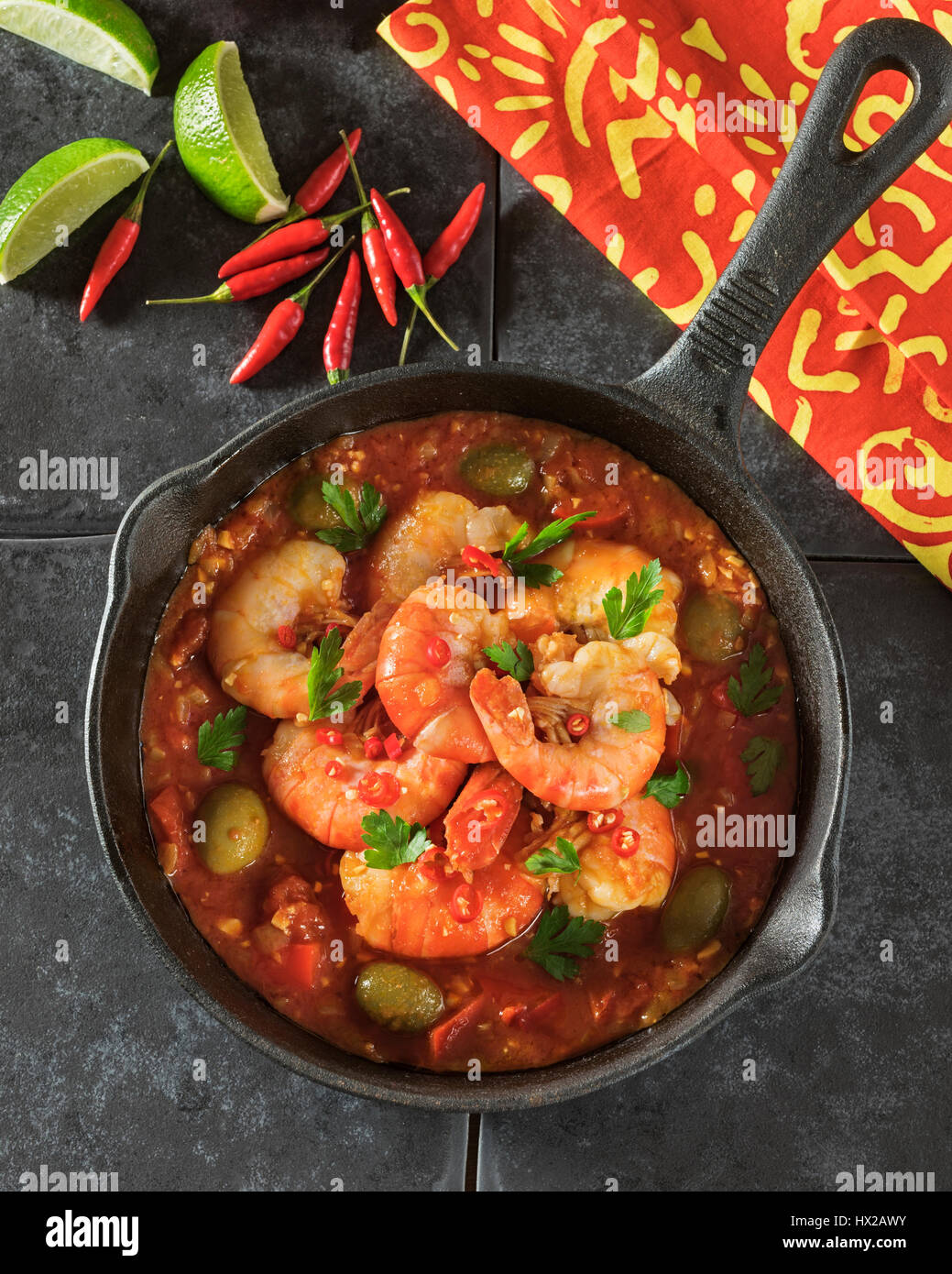 Shrimp Veracruz. Prawns in spicy tomato sauce Mexican food Stock Photo