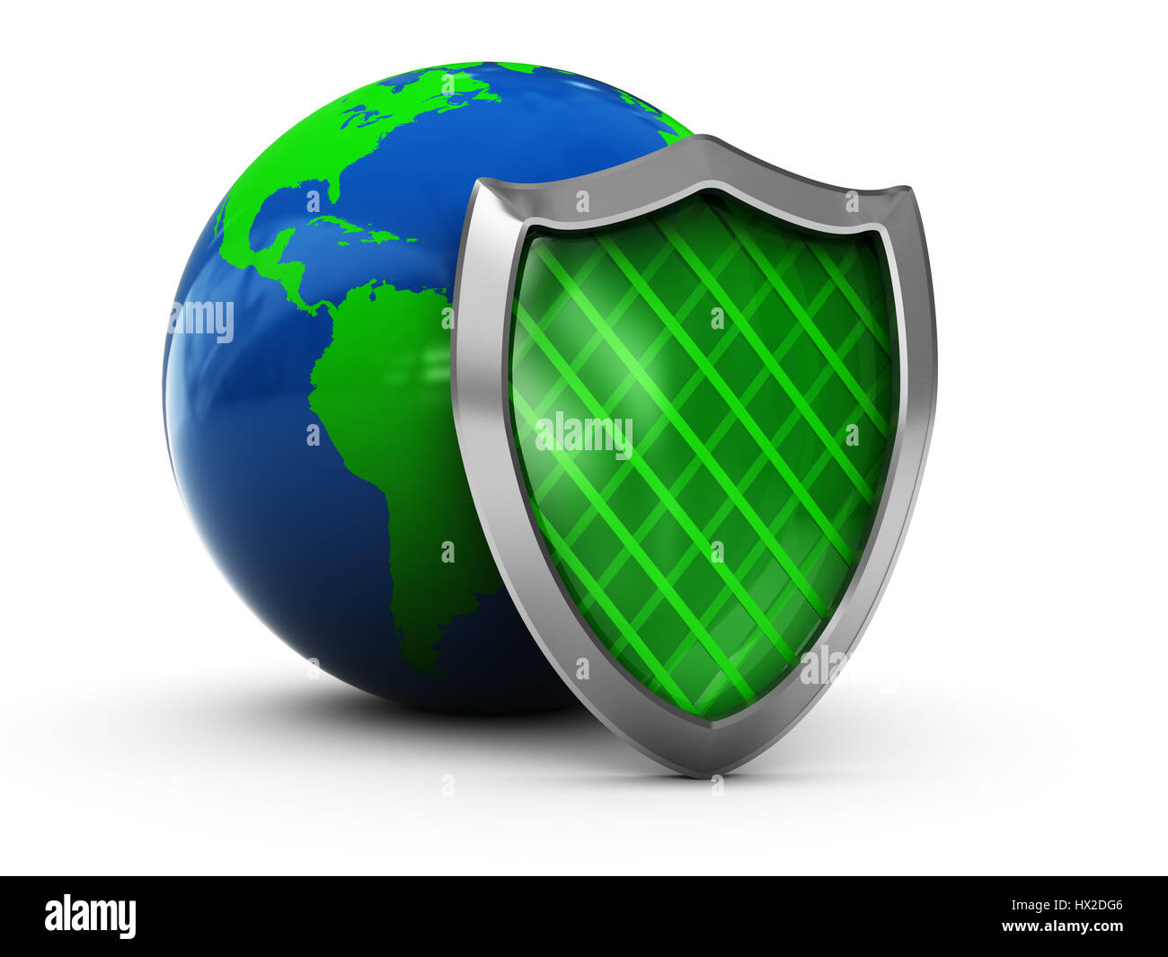 3d illustration of earth globe protected with green shield Stock Photo