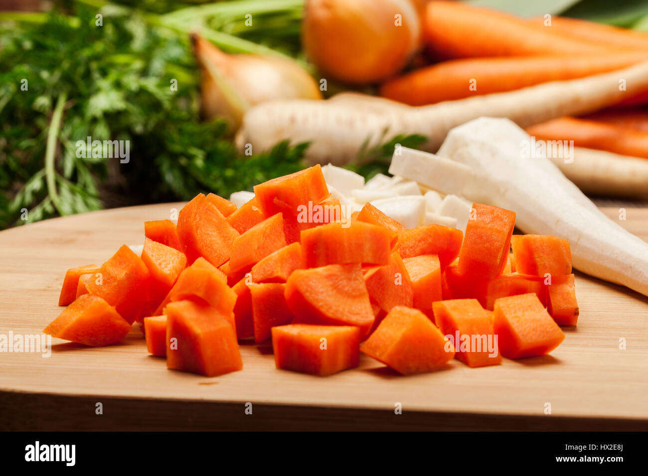 Fresh chopped vegetables on a cutting board Stock Photo