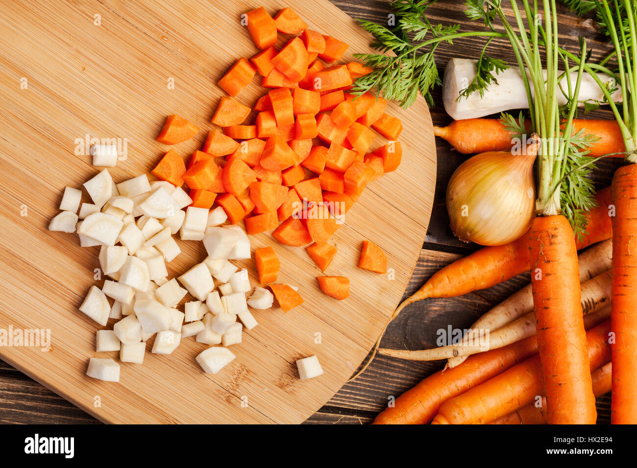 Fresh chopped vegetables on a cutting board Stock Photo