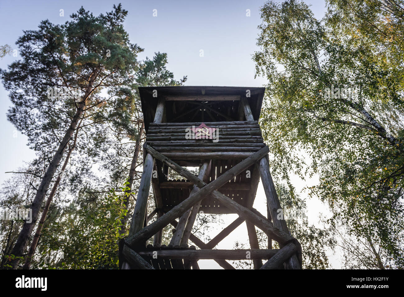 Watch tower in replica of Soviet exile settlement for Polish people in Centre for Education and Regional Promotion in Szymbark village, Poland Stock Photo