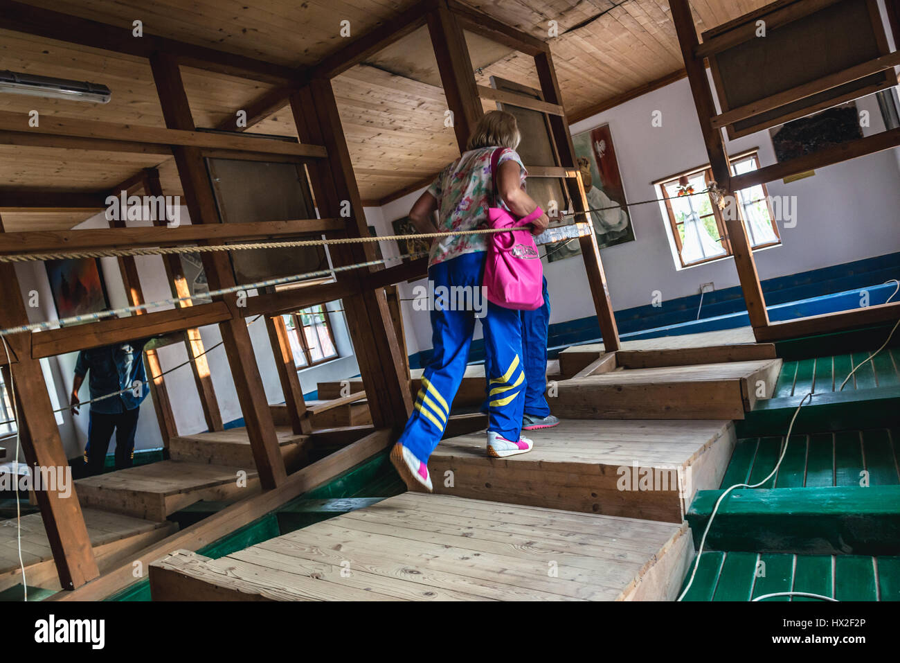 Inside the Upside-Down House in Centre for Education and Regional Promotion in Szymbark village, Kashubia region of Pomeranian Voivodeship in Poland Stock Photo