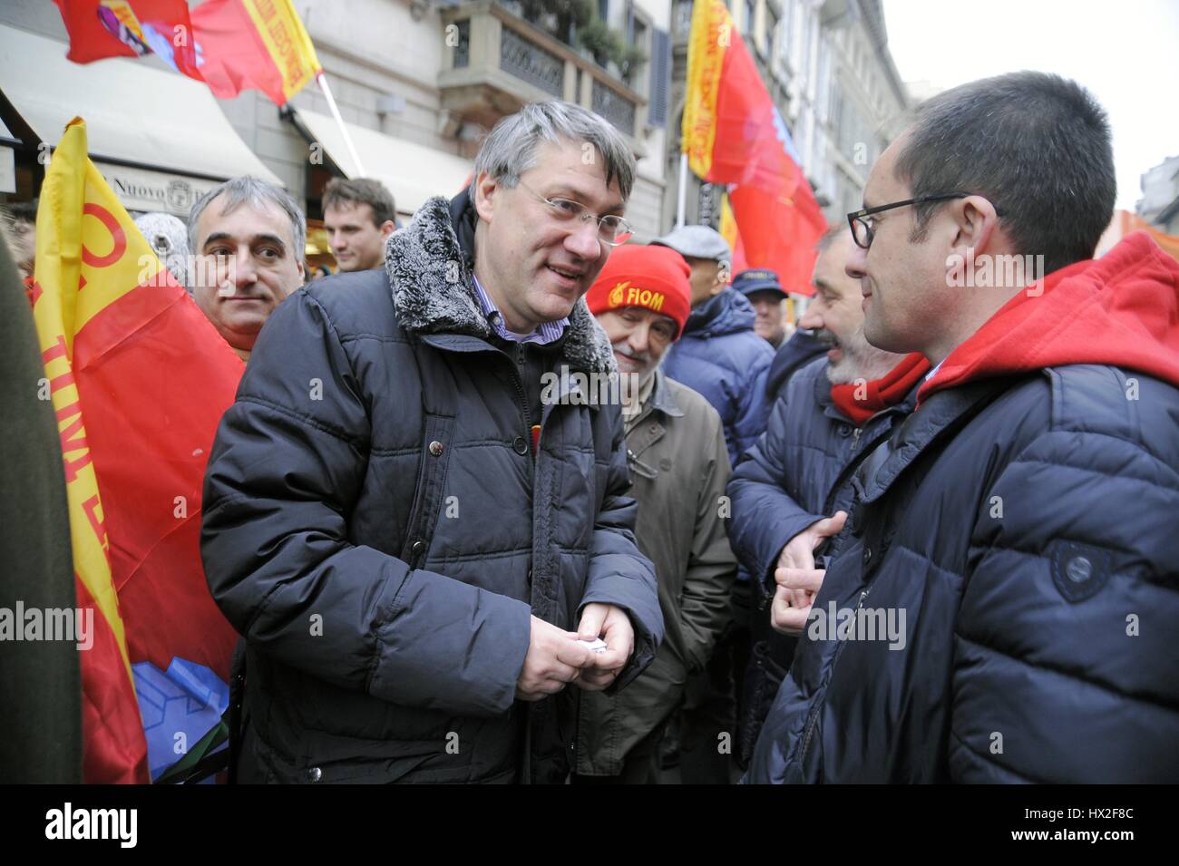 Italy, metalworkers' strike called by the FIOM CGIL trade union in defense of the national labor contract;  the national secretary of FIOM Maurizio Landini at Milan demonstration Stock Photo