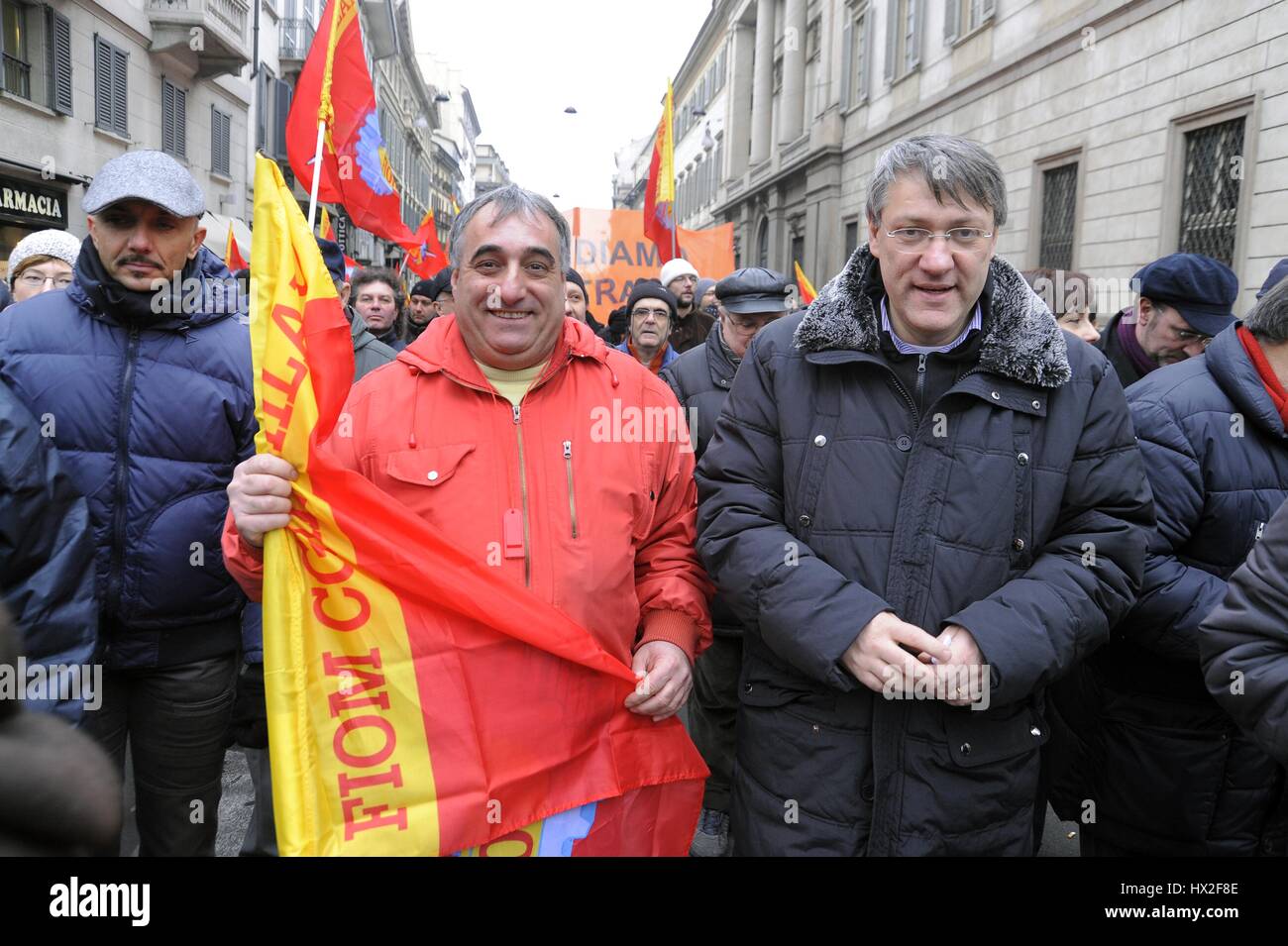 Italy, metalworkers' strike called by the FIOM CGIL trade union in defense of the national labor contract;  the national secretary of FIOM Maurizio Landini at Milan demonstration Stock Photo