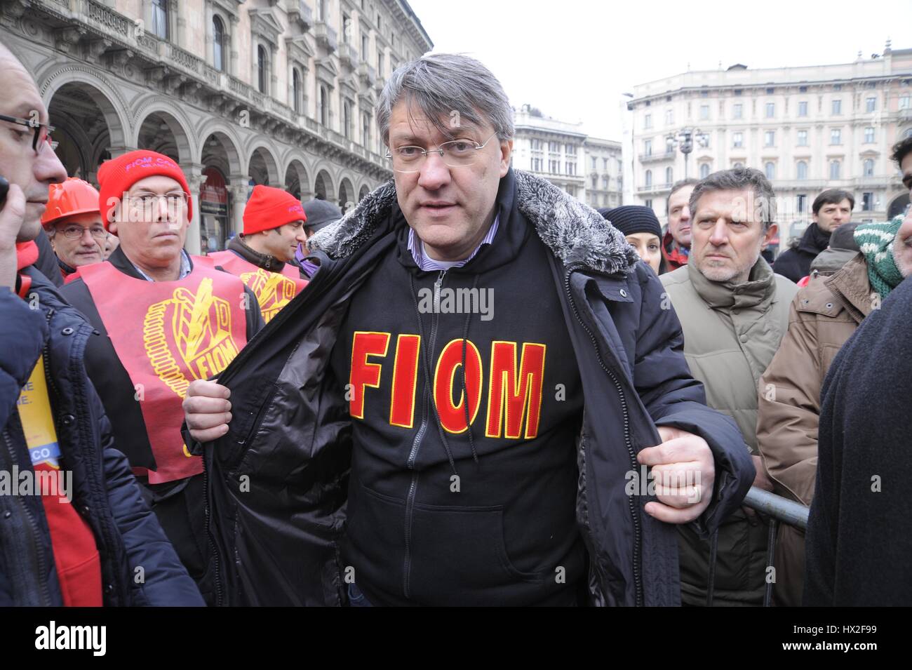 Italy, metalworkers' strike called by the FIOM CGIL trade union in defense of the national labor contract;  the national secretary of FIOM Maurizio Landini at Milan demonstration Stock Photo