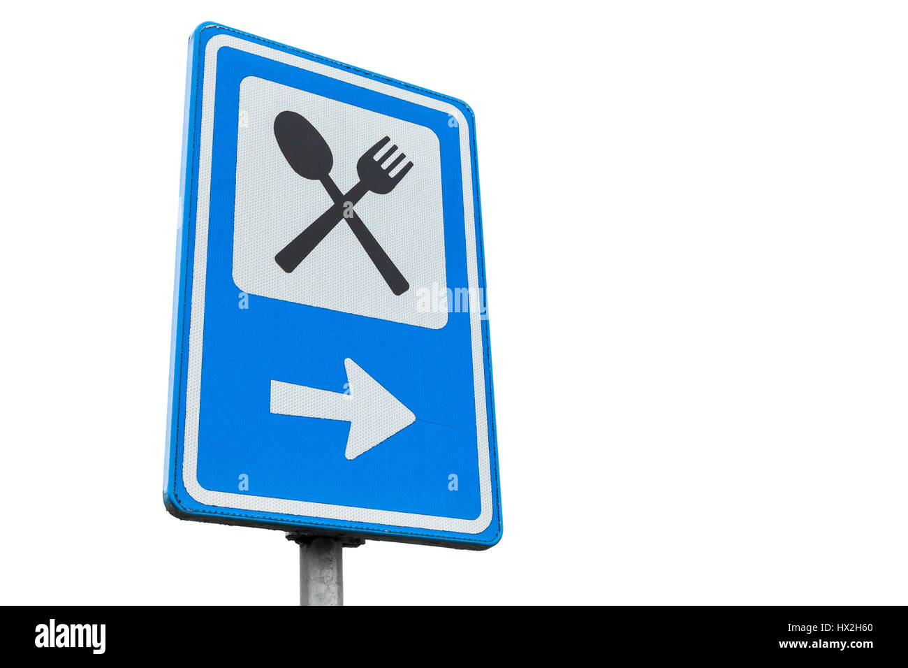 Dinning service road sign isolated on white background, close up photo Stock Photo
