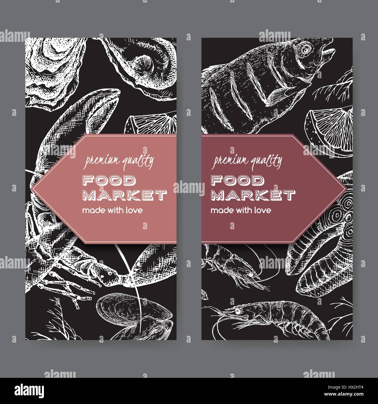 Two Fish Market Label Templates With Fish Lobster Seafood Stock