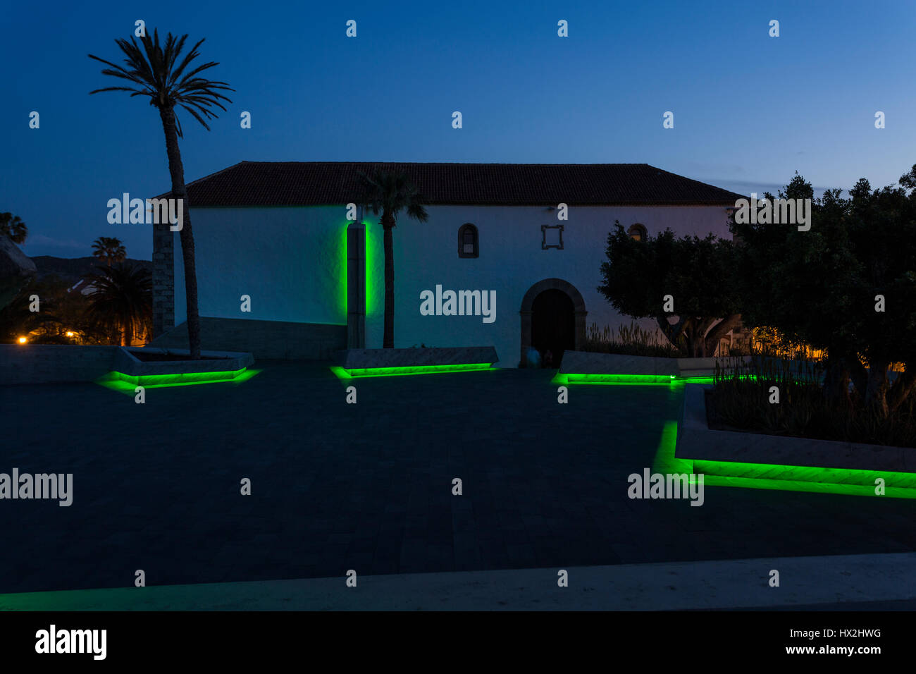 Green LED lighting in the Plaza de Espana, Adeje, Tenerife, Canary Islands, Spain Stock Photo