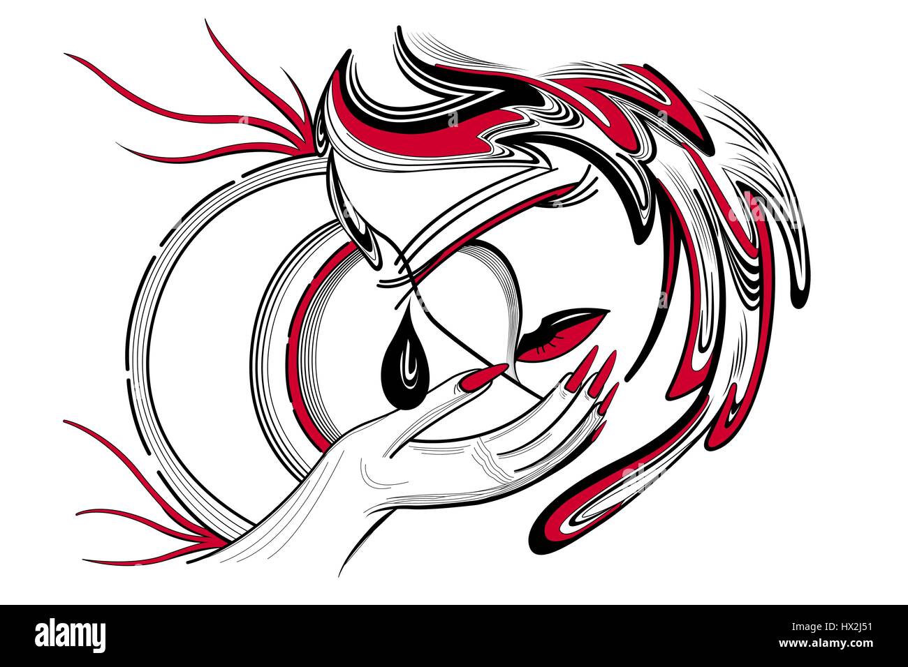 Vector illustration girl in mask in black and red color with a tear Stock Vector