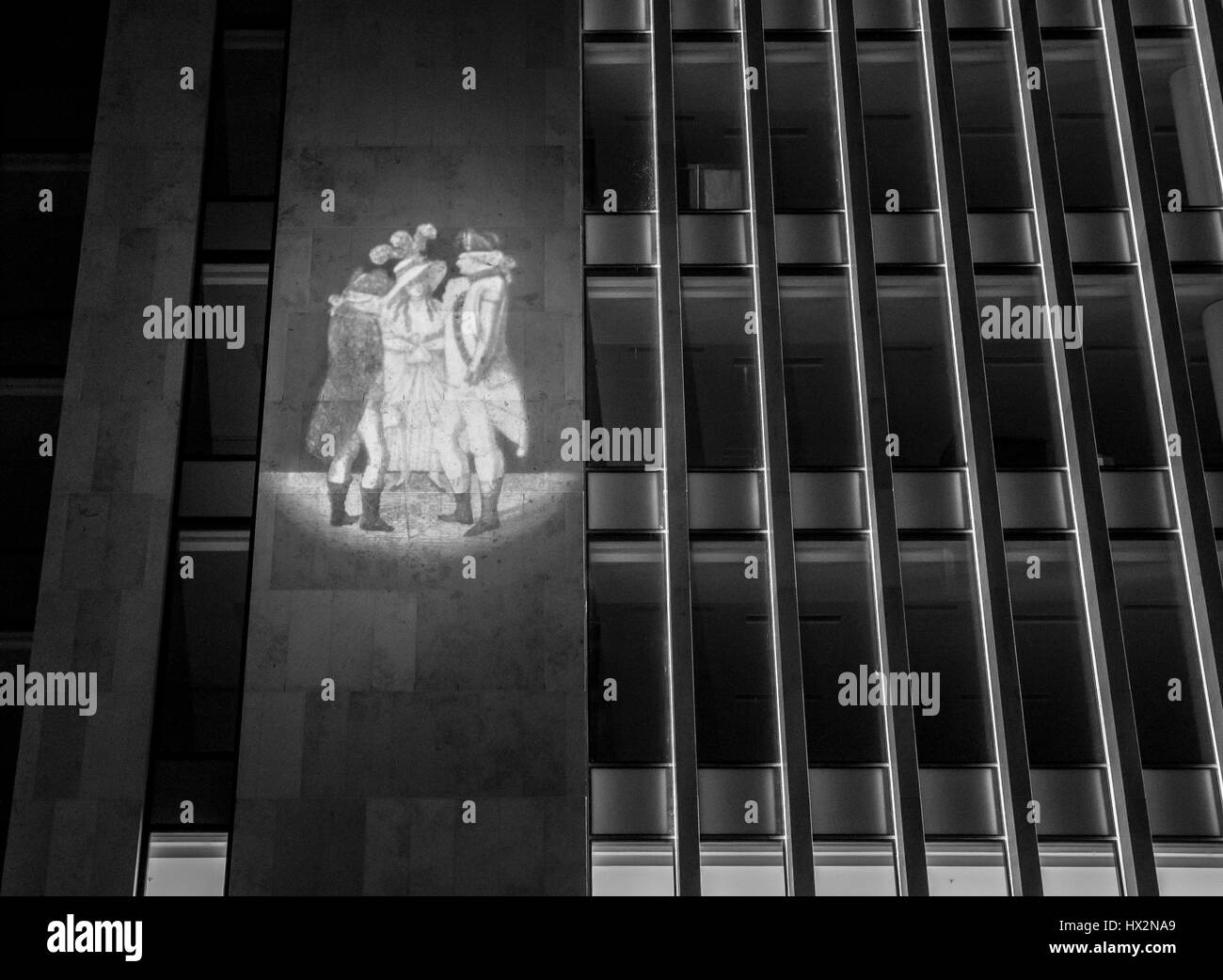 Light projection Georgian figures on modern building, St. Andrew Square, Edinburgh, Georgian Shadows celebrating 250th anniversary of New Town Stock Photo