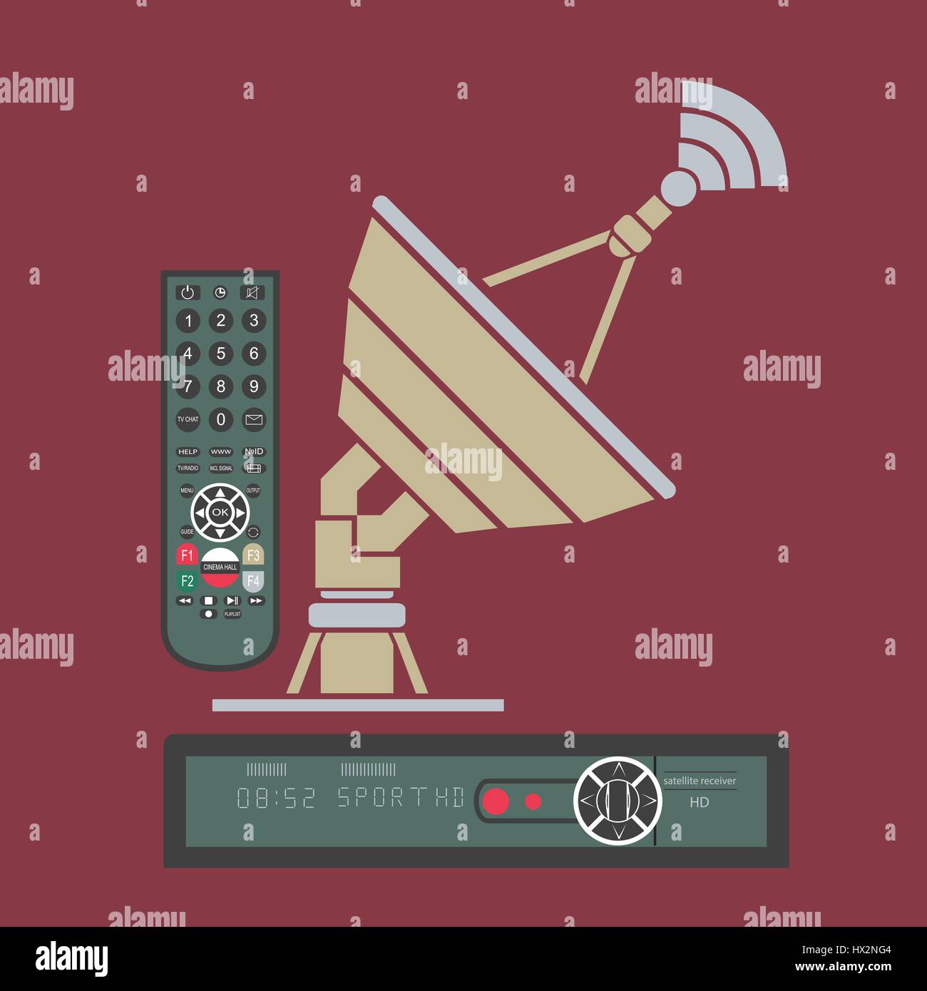 Satellite dish, receiver, remote control in flat style Stock Vector