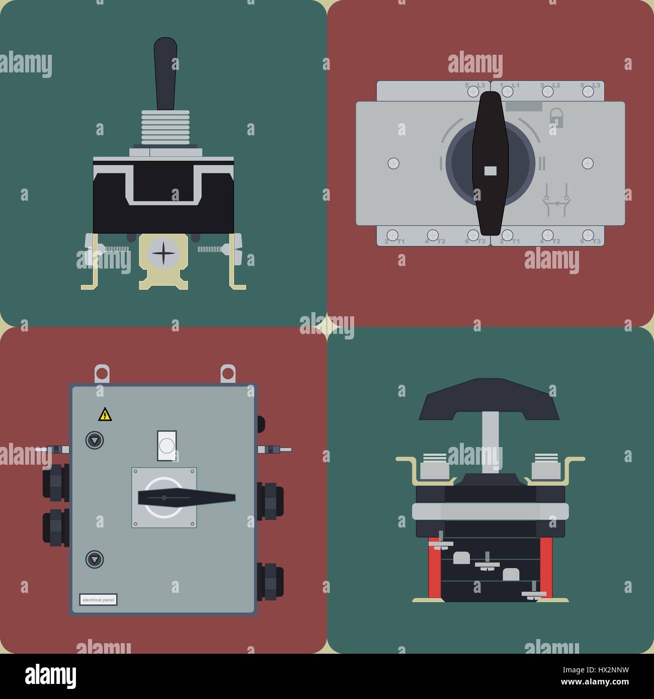 Flat icons electrical circuit breaker, switch contact.Electric devices ...