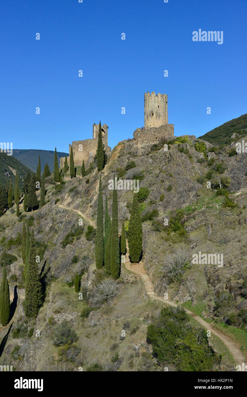 Portrait view of the ruined castles of Lastours, in Occitanie, France. Stock Photo