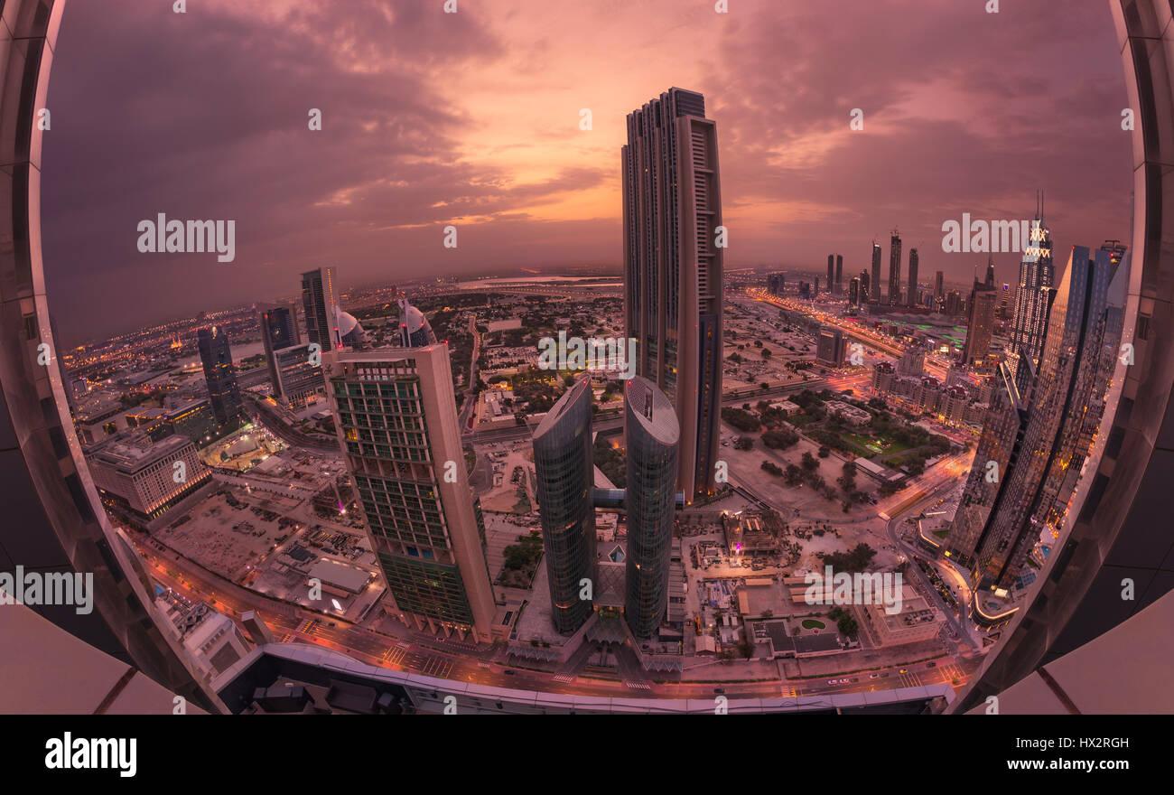 Dubai Skyscrapers in a Twilight Cloudy Dawn Stock Photo