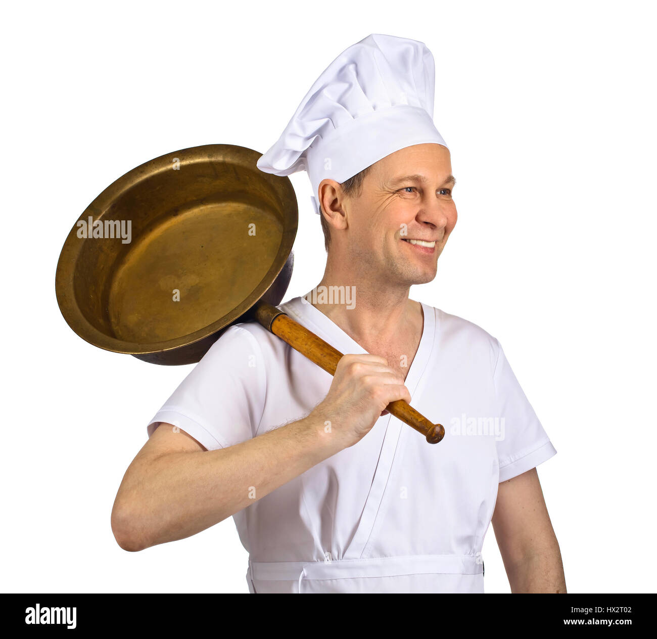 Happy cook with pan isolated on white background Stock Photo - Alamy