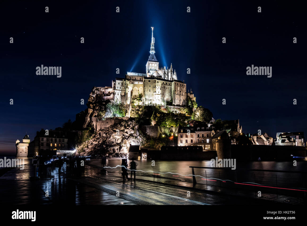 Mont Saint-Michel (Saint Michael's Mount), Normandy, north-western France: the mount viewed at low tide in the evening Stock Photo