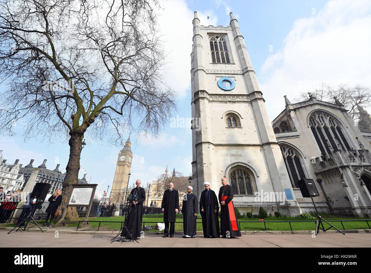 (From the left) Archbishop of Canterbury, the Most Rev Justin Welby, Chief Rabbi Ephriam Mirvis, Sheikh Ezzat Khalifa, Sheikh Mohammad al Hilli and Cardinal Vincent Nichols, Archbishop of Westminster, take part in a vigil outside Westminster Abbey, London, for the victims of the Westminster terror attack. Stock Photo