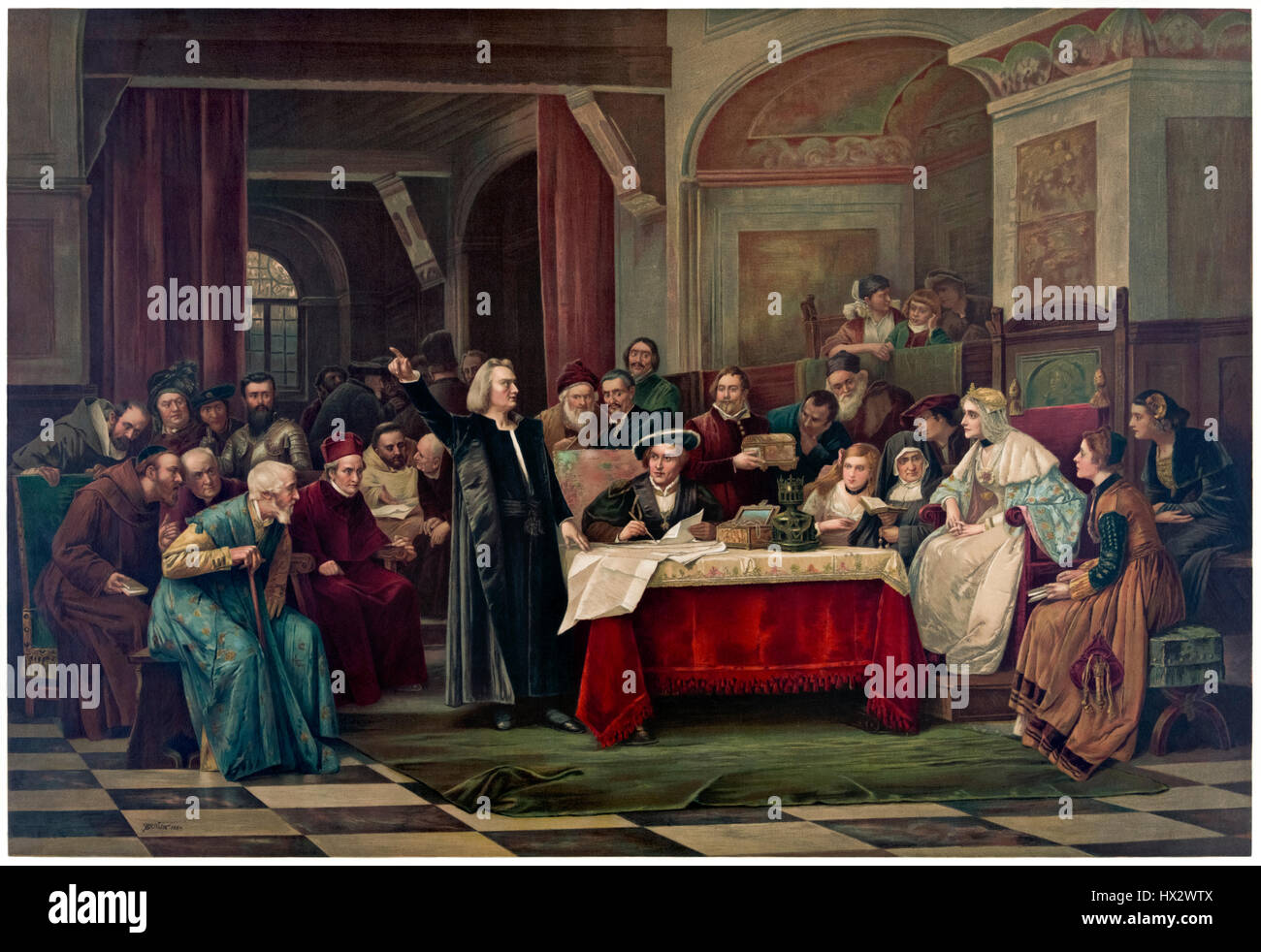 “Christopher Columbus at the Royal Court of Spain” showing Christopher Columbus standing before Queen Isabella I of Castile and King Ferdinand II of Aragon on 1 May 1486 petitioning for finance to fund his planned exploration to find a western route to the Orient. Colour lithograph of a painting by Václav Brožík (1851-1901) published in 1884. Stock Photo