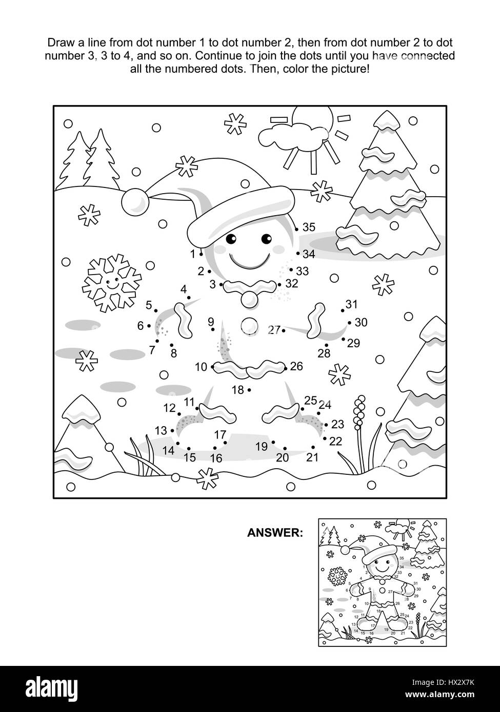 New Year or Christmas themed connect the dots picture puzzle and coloring page with ginger man. Answer included. Stock Vector