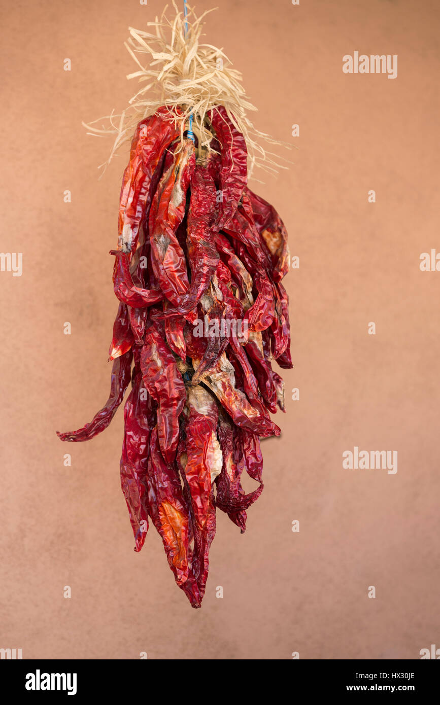 Ristra of drying chile peppers in Old Town Albuquerque, New Mexico. Stock Photo