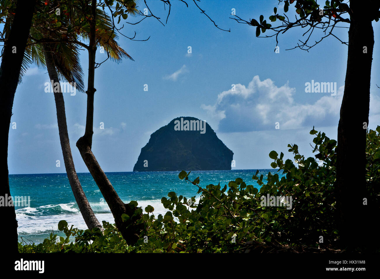 Martinique, le Diamante, town, beach, Rock, Island, British ship, palms, sandy beach, south coast, Stock Photo