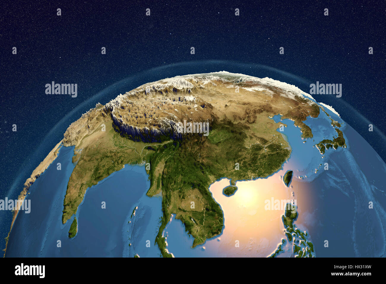 Earth from space in night. Computer illustration showing the Earth as viewed from space, centred over Asia. Stock Photo