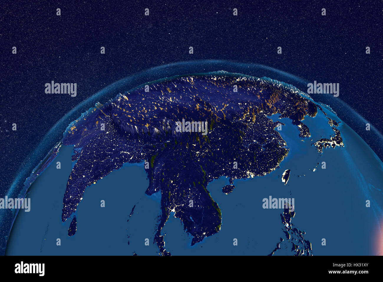Earth from space in night. Computer illustration showing the Earth as viewed from space, centred over Asia. Stock Photo