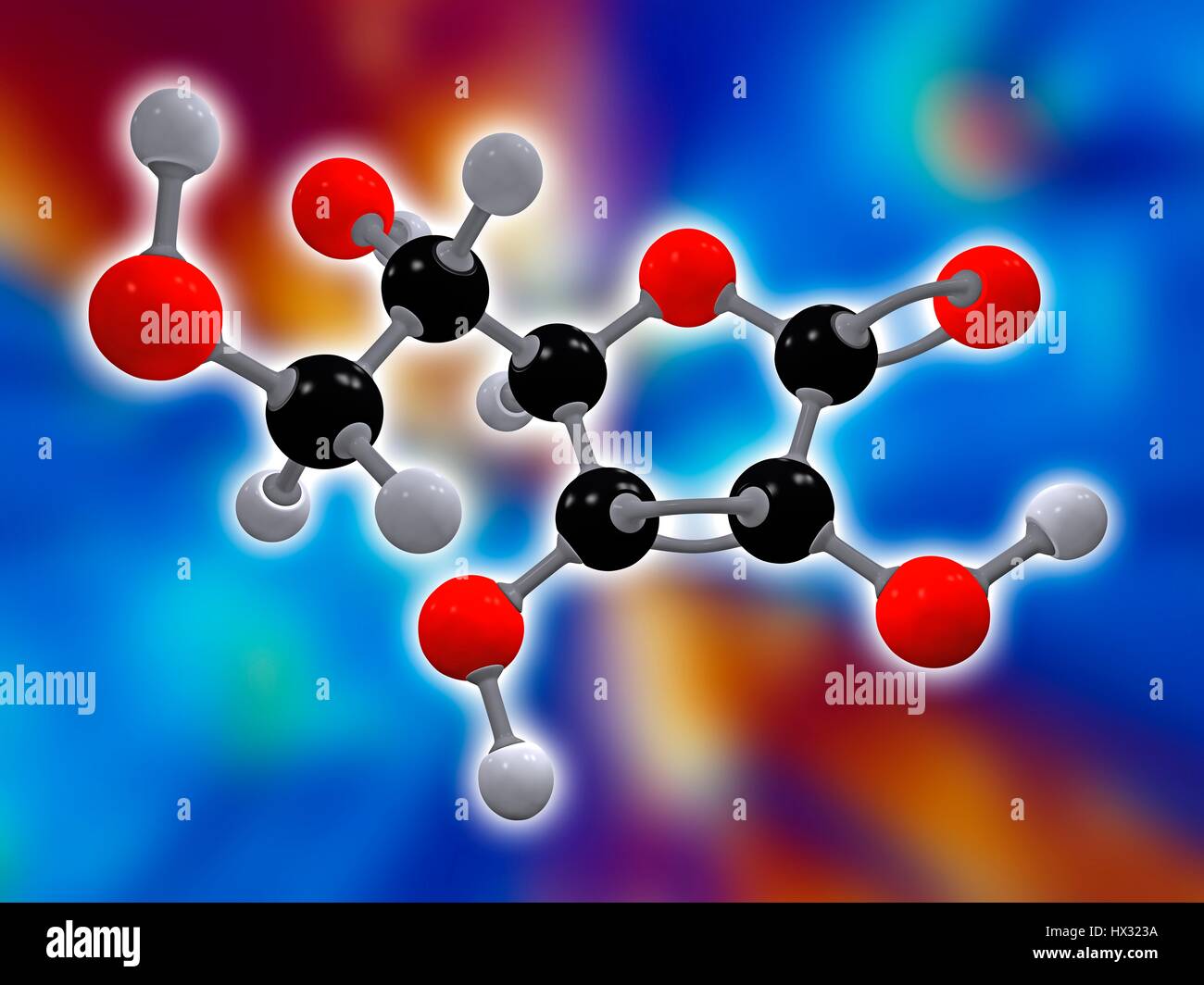 Vitamin C. Molecular model of ascorbic acid (C6.H8.O6), also known as vitamin C. This vitamin is required to protect the body against oxidative stress. Atoms are represented as spheres and are colour-coded: carbon (black), hydrogen (grey) and oxygen (red) Stock Photo