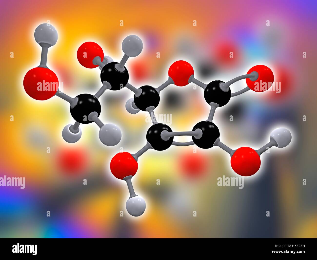 Vitamin C. Molecular model of ascorbic acid (C6.H8.O6), also known as vitamin C. This vitamin is required to protect the body against oxidative stress. Atoms are represented as spheres and are colour-coded: carbon (black), hydrogen (grey) and oxygen (red) Stock Photo