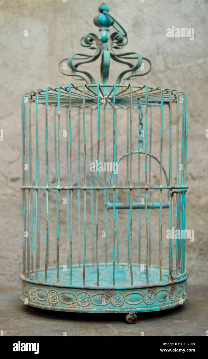 a blue bird cage made of metal on a concrete background Stock Photo