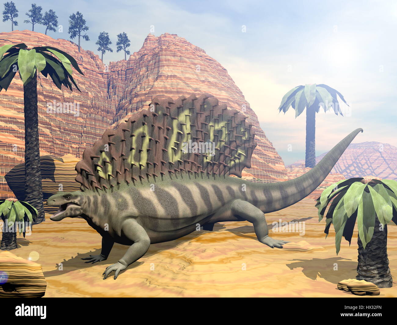 Edaphosaurus dinosaur walking in the desert among bjuvia and cordaites trees by sunny day - 3D render Stock Photo