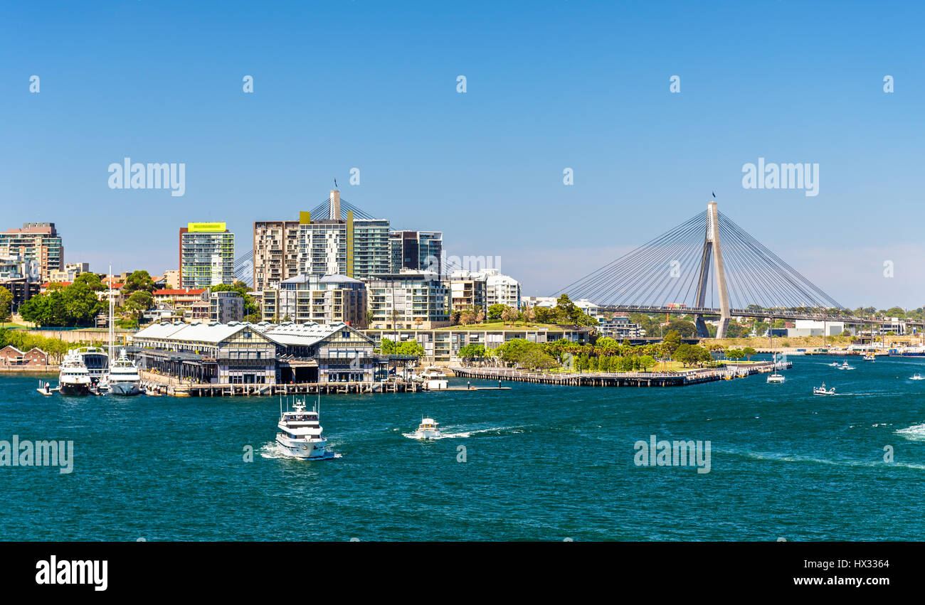 View of Pyrmont district and the Anzac Bridge in Sydney Stock Photo