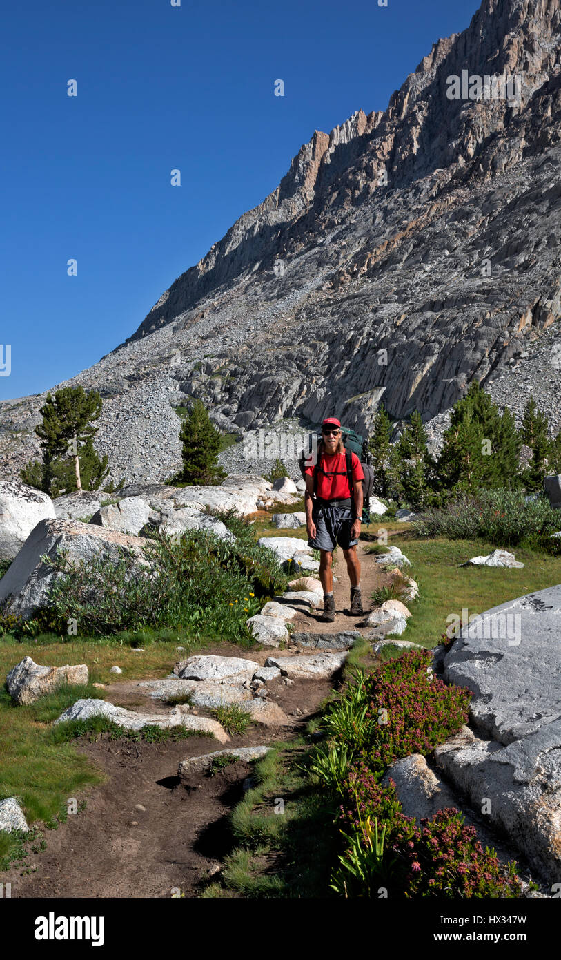 CA03120-00...CALIFORNIA - Backpacker above Evolution Lake in the combined JMT/PCT in Kings Canyon National Park. Stock Photo
