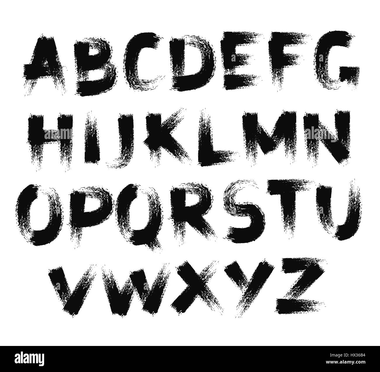 Painted Abc. Grungy design black letters. Handwritten fat font. Sans serif alphabet. Distress texture. Brush strokes. Grunge torn edges style. Paintbr Stock Vector