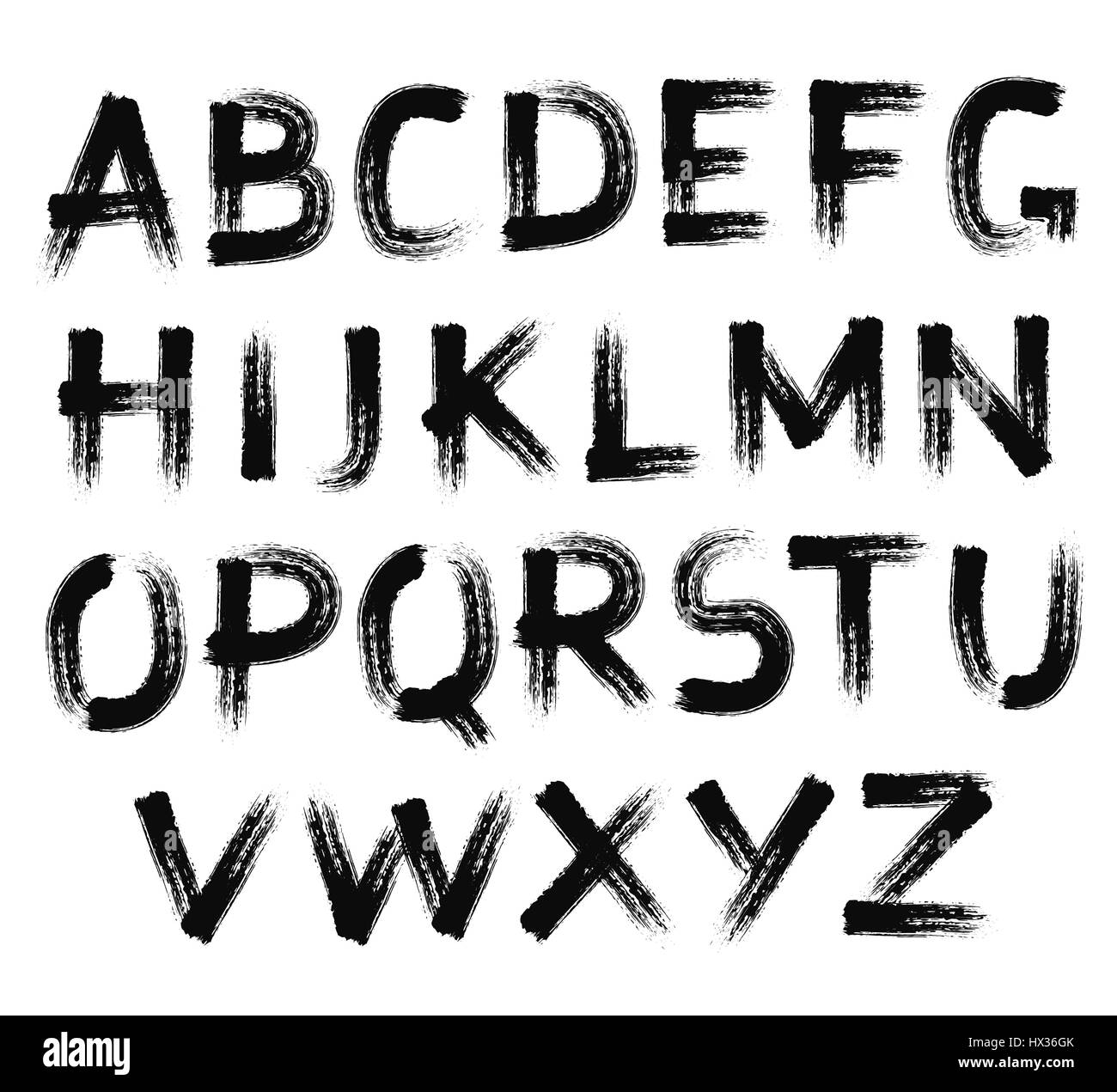 Painted Abc. Handwritten font. Grungy design bold letters. Sans serif alphabet. Distress texture. Brush strokes. Grunge torn edges style. Paintbrush u Stock Vector